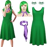Cotwinter 4 Pcs Halloween Movie Party Cosplay Set Include Dress Green Wavy Wig Purple Scarf Tinsel Eyelashes for Women