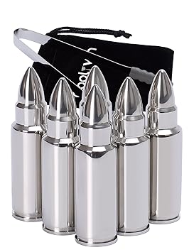 Qoolivin Bullet Form Whisky Steine Geschenk Set von 6, Edelstahl Eiswürfel Scotch Whiskey Kühlsteine mit Noneslip Gummi-Ende 