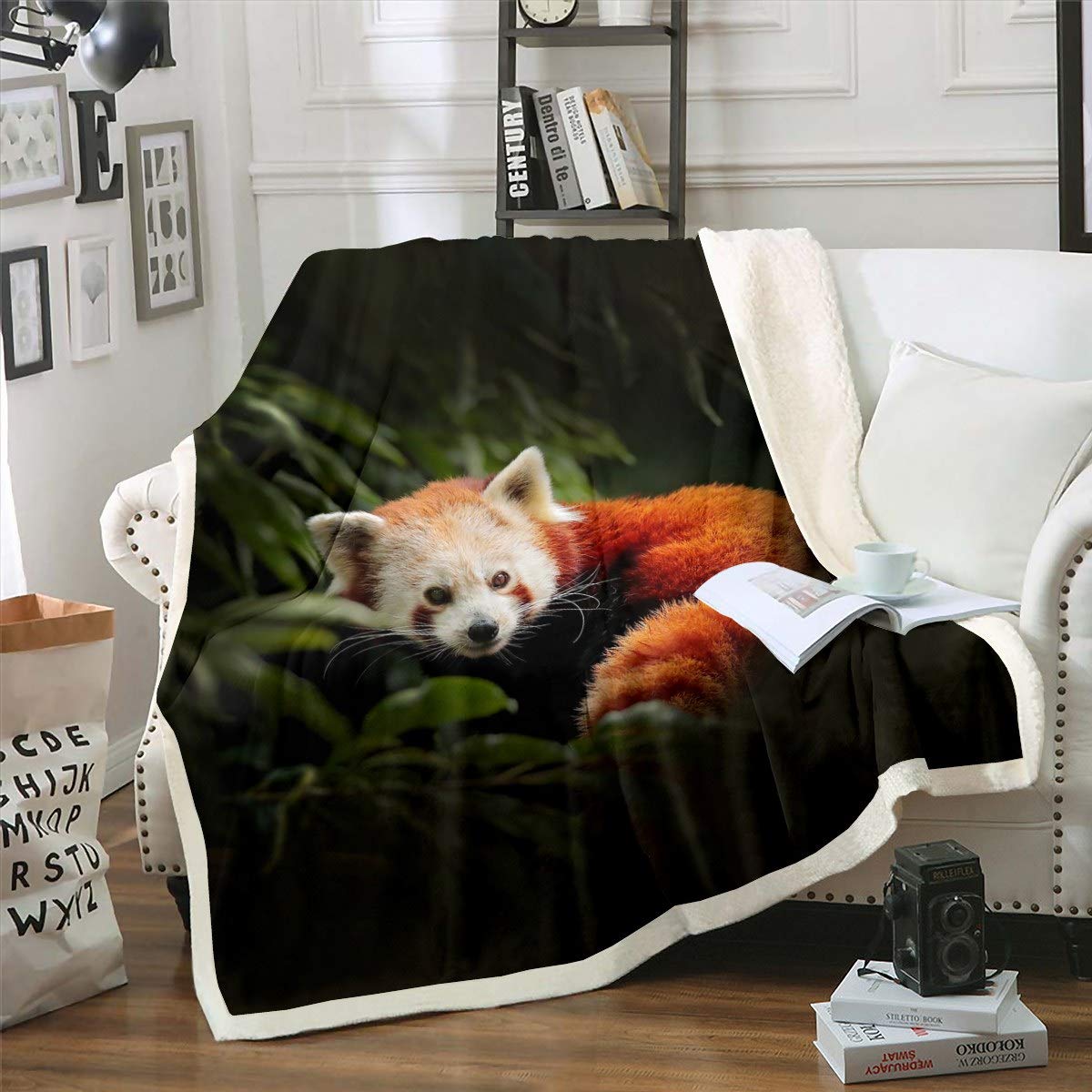 Raccoon Red Panda Plush Blanket Tree Green Leaves Fleece Throw Blanket for Sofa Bed 3D Wild Animal Ultra Soft Room Decor Double 60x79 Inch