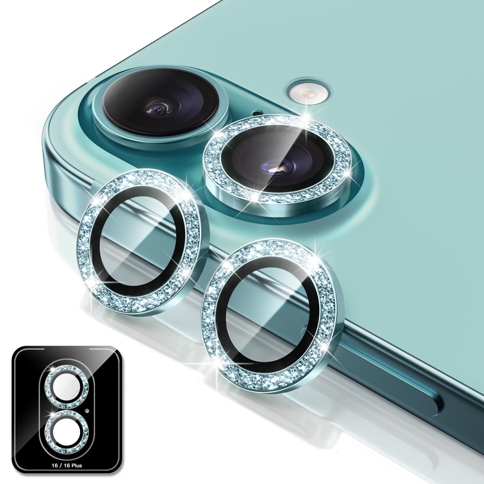 Photo 1 of BERFY Camera Lens Protector for iPhone 16/16 Plus, Glitter Bling Aluminum Alloy Metal Ring, 9H Tempered Glass Camera Cover Screen Protector Accessories, Anti-Scratch, Case Friendly, Green