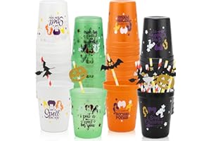 Ainibar 24 Pcs Halloween Plastic Stadium Cups 16oz and 24 Pcs Disposable Paper Straws, Perfect for Hocus Pocus Party Supplies, I Smell Children Holiday Witches Halloween Party