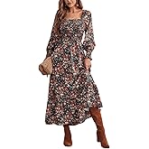 LIGHT DOT Women's Square Neck Casual Floral Dress Long Sleeve Printed Boho Maxi Dress Smocked Tiered Flowy Dress