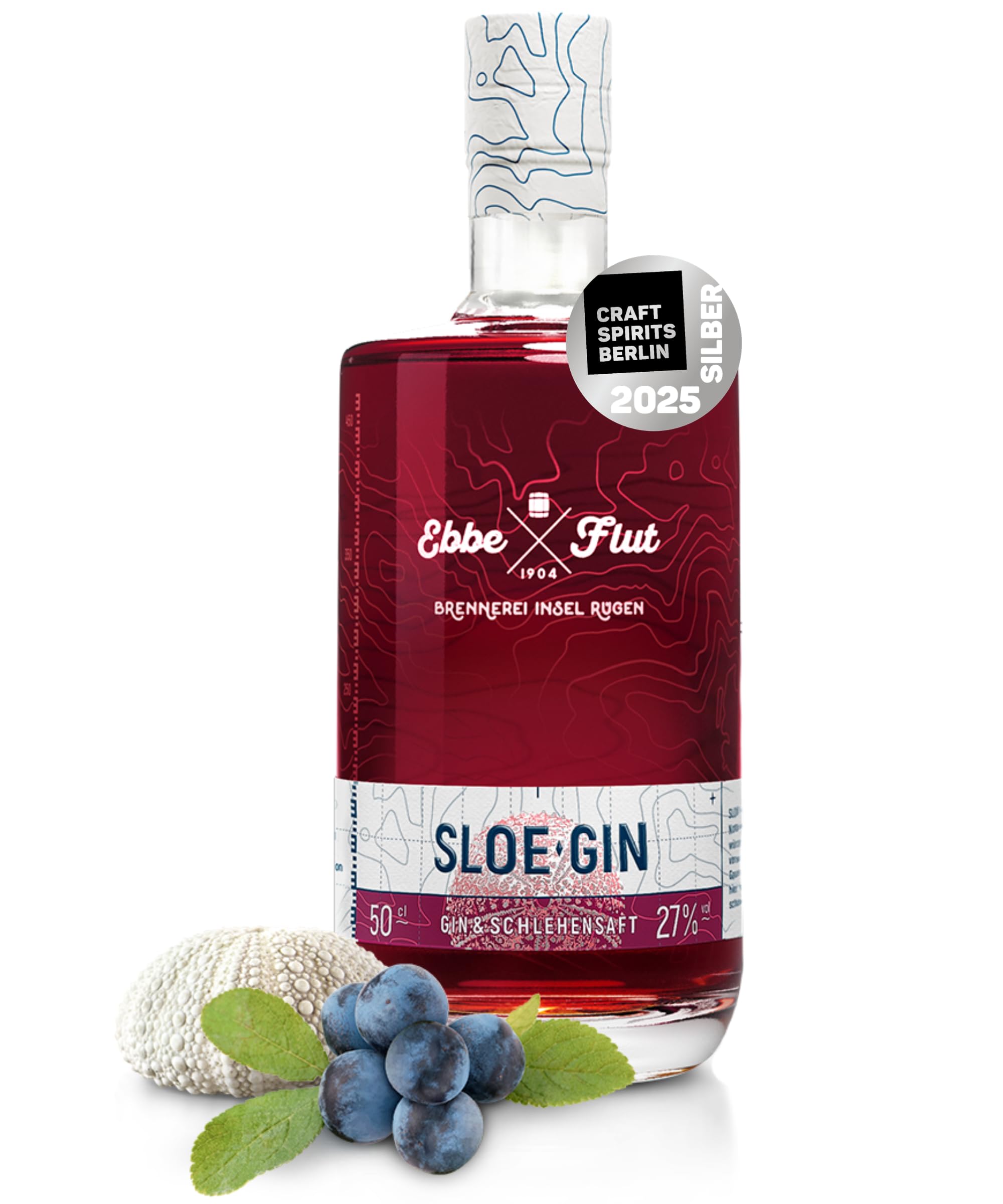Ebbe & Flut Sloe Gin 500ml | Handgemachter Schlehen Gin von der Insel Rügen | Mit regionalen Schlehen verfeinert | Fruchtig-süß & würzig | Premium Genuss aus Deutschland | 27% vol. Alkohol