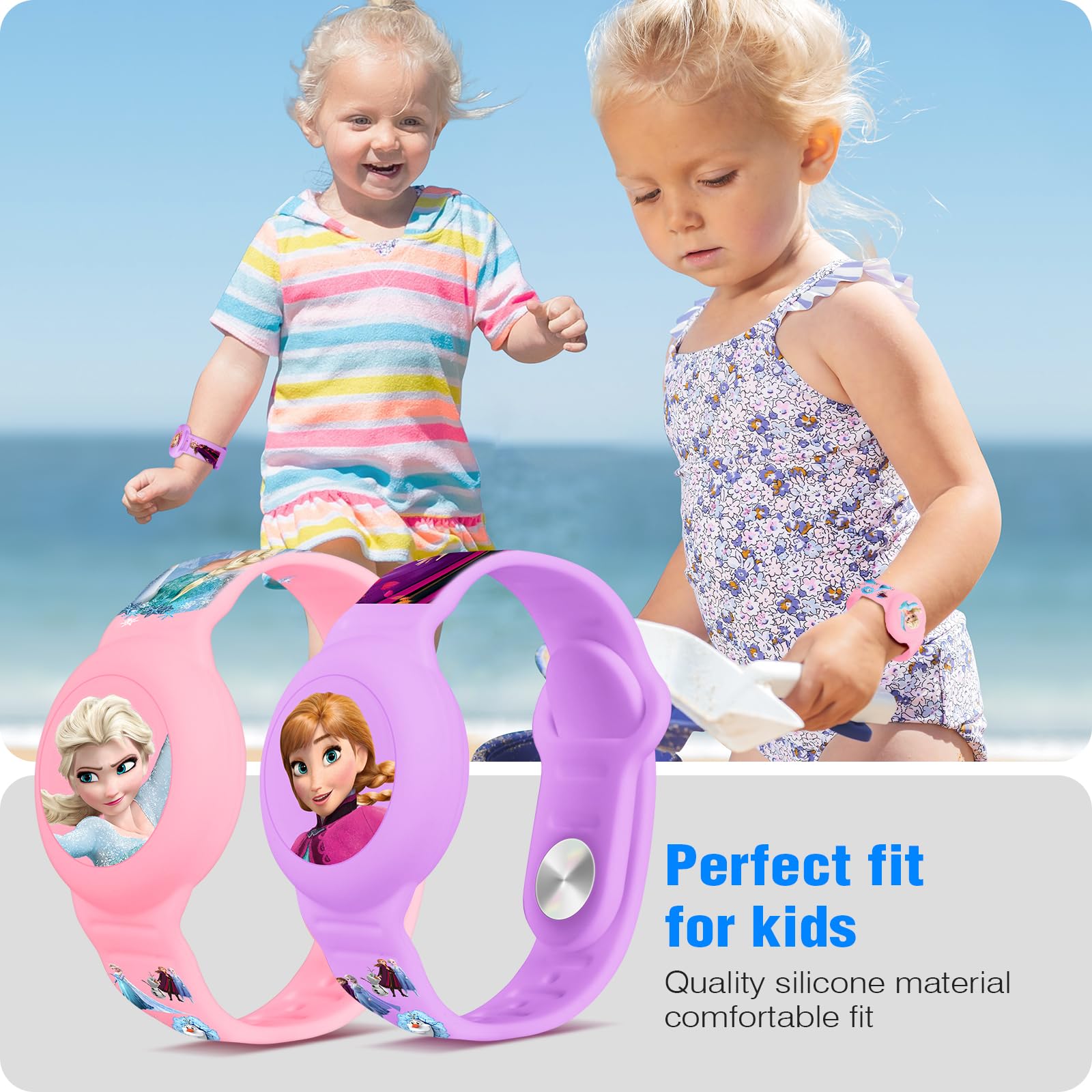 Waterproof Air Tag Bracelet for Kids [2 Pack], Princess Air Tag Holder for Kids with Full Coverage Hidden Design, Silicone Airtag Wristband for Child, Pink + Purple