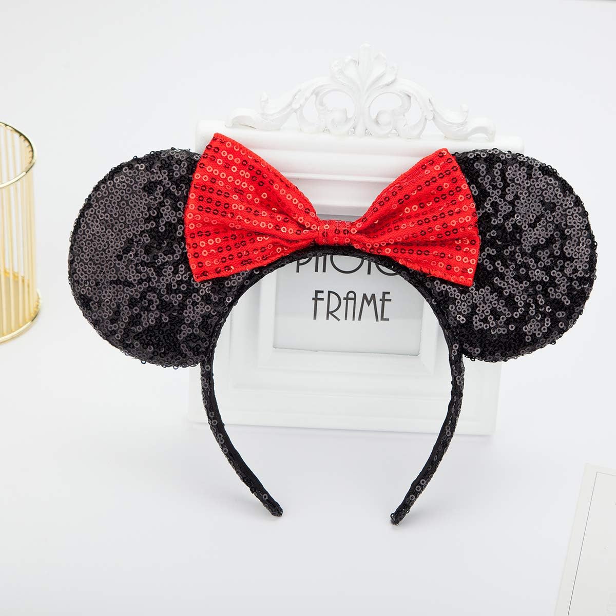 Mouse Ears headband,2pcs Sequin Headband Glitter Hairband for Baby Shower Headwear Halloween Theme Party Decorations (Red&Gold)）: Clothing