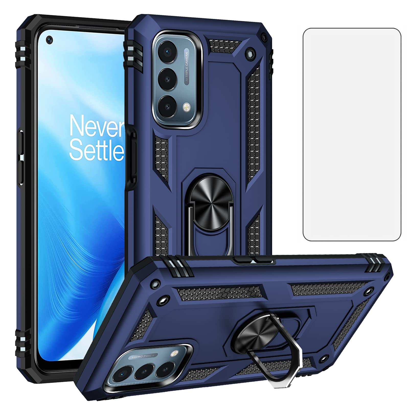 Phone Case for OnePlus Nord N200 5G with Tempered Glass Screen Protector Cover Stand Ring Holder Shockproof Magnetic Heavy Duty One Plus N 200 G5 1 Plus 200N 1plus One+ 1+ N2005G 2021 Women Men Blue