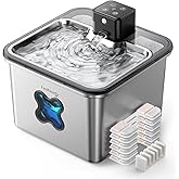 Cat Water Fountain Wireless + 6 Filters: [Visual Filter] & [Heavy-Duty Stainless Steel] FEELNEEDY- Premium, 3.2L/108oz, 4000mAh Battery Operated Pet Fountain with Sensor, for Cats and Dogs