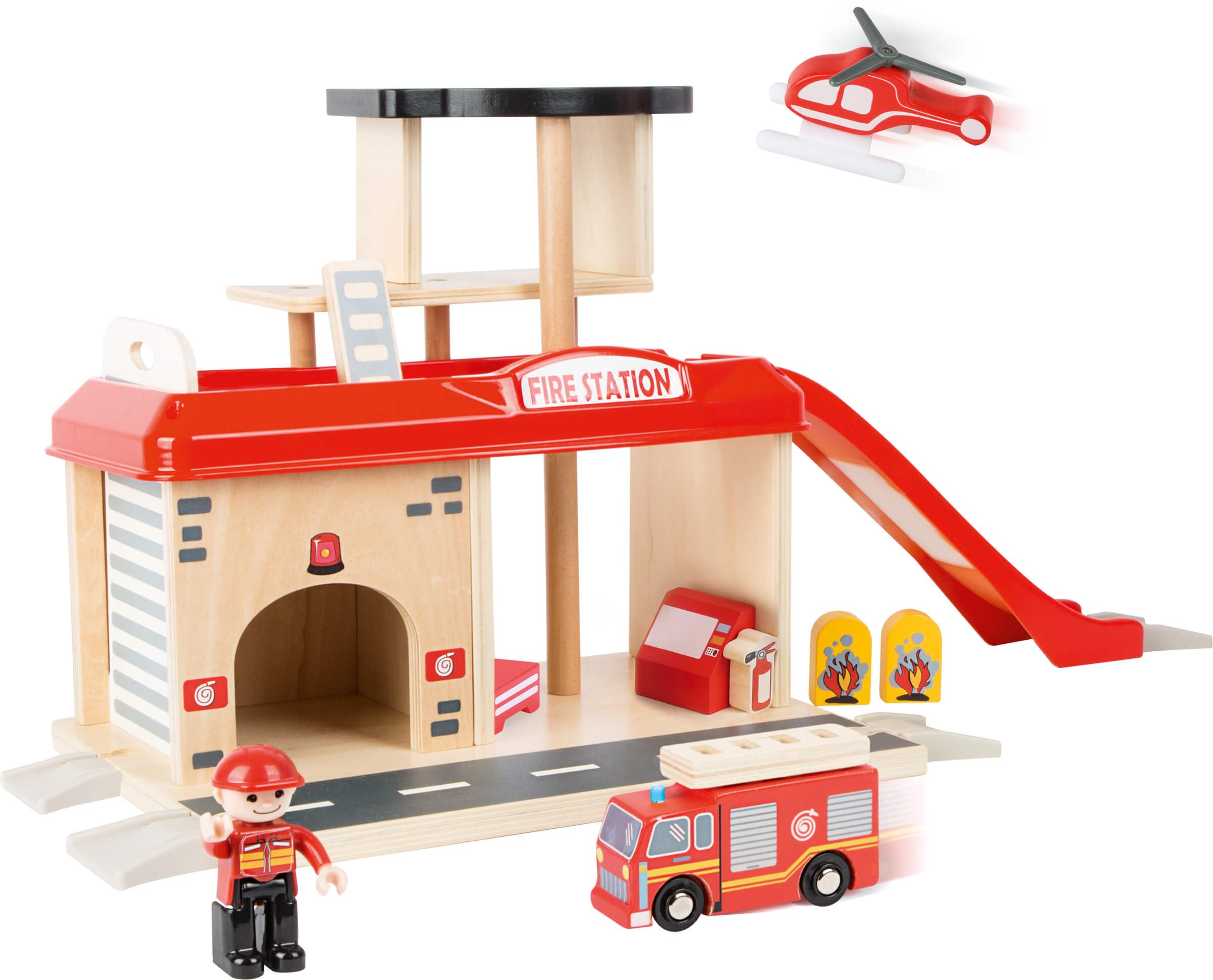 small foot 10900 fire station with accessories, including a fire truck, firefighter and a helicopter, from 3 years of age