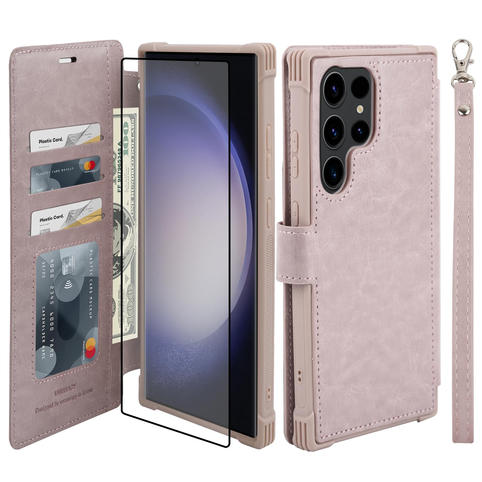 VANAVAGY Compatible for Galaxy S23 Ultra Wallet Case, 12ft Drop Protection, RFID Blocking PU Leather Flip Cover, Card Holder & Kickstand, Shockproof Phone Case for S23 Ultra-6.8 Inch,Salmon Pink — image 1