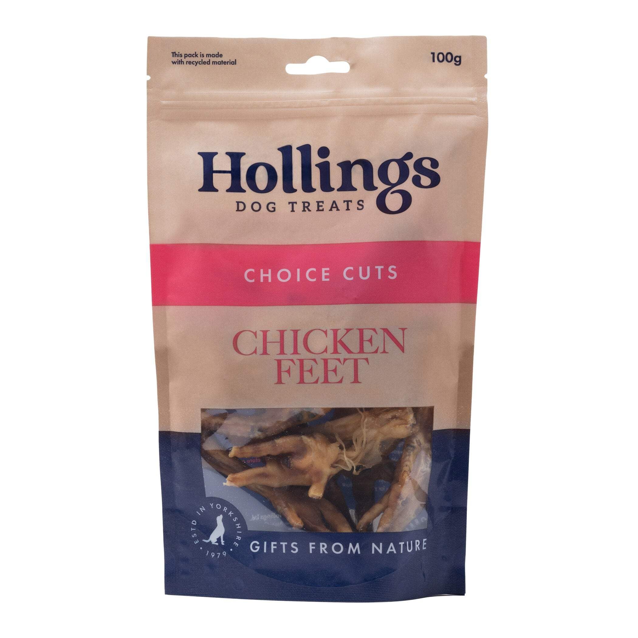 Hollings Chicken Feet Dog Treats, 100% Natural & Crunchy Treats for Adult Dogs, Grain Free & High in Protein 100g (Pack of 8)
