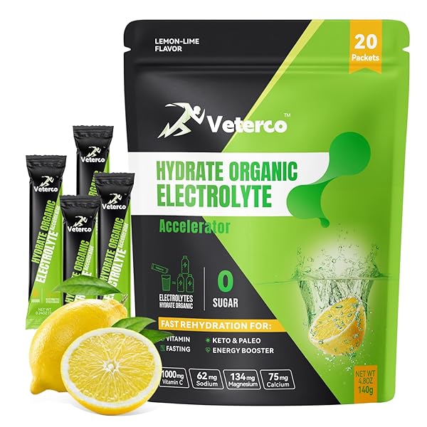 VETERCO HYDRATION ELECTROLYTE POWDER, ELECTROLYTE DRINK, HYDRATION SUPPLEMENT DRINK MIX, HYDRATION PACKETS WITH VITAMIN & MINERALS, KETO FRIENDLY, VEGAN, NON-GMO, NO SUGAR, LEMON FLAVOR (20 STICKS)