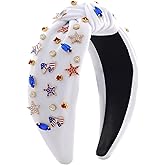 Haqptul Fourth of July Headband for Women Girls Red White and Blue American Flag USA Hairband Patriotic Hair Accessories Knotted Crystal Rhinestone Jeweled