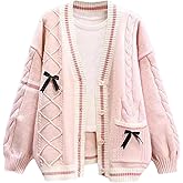 Shebote Womens Cute Sweet Cardigan Sweater Long Sleeve V-Neck Bowknot JK School Uniform Cardigans Knitted Sweaters