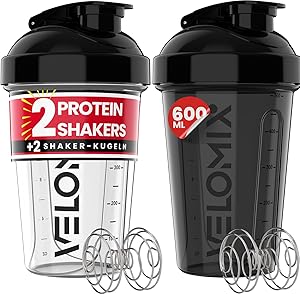 VELOMIX -2 PACK- 600ml Eiweiß Shaker - Auslaufsicher Shaker Proteinshake mit 2x Kugel, Drehverschluss & Mess-Skala | Protein Shaker Bpa Frei | Spülmaschinengeeignet