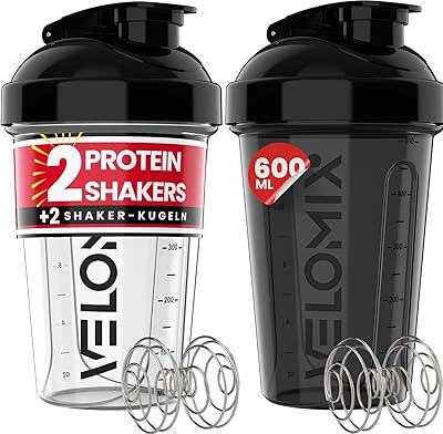 VELOMIX -2 PACK- 600ml Eiweiß Shaker - Auslaufsicher Shaker Proteinshake mit 2x Kugel, Drehverschluss & Mess-Skala | Protein Shaker Bpa Frei | Spülmaschinengeeignet