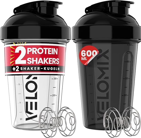 VELOMIX -2 PACK- 600ml Eiweiß Shaker - Auslaufsicher Shaker Proteinshake mit 2x Kugel, Drehverschluss & Mess-Skala | Protein Shaker Bpa Frei | Spülmaschinengeeignet