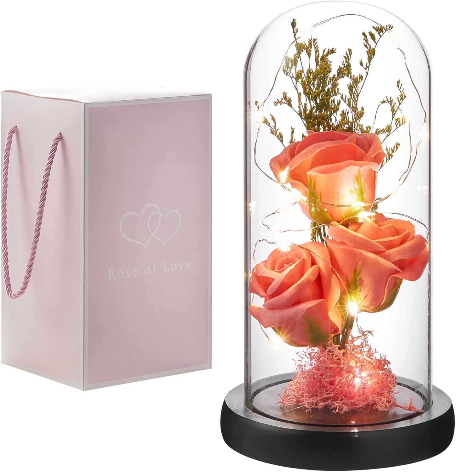 Dried & Preserved Flora - oridom Preserved Flower Gift, Light Up Rose in Glass Dome, Eternal Forever Rose Flower Gifts for Her, Grandma, Mother’s Day, Valentine’s Day, Anniversary, Birthday, Christmas Decorations, Rose Pink