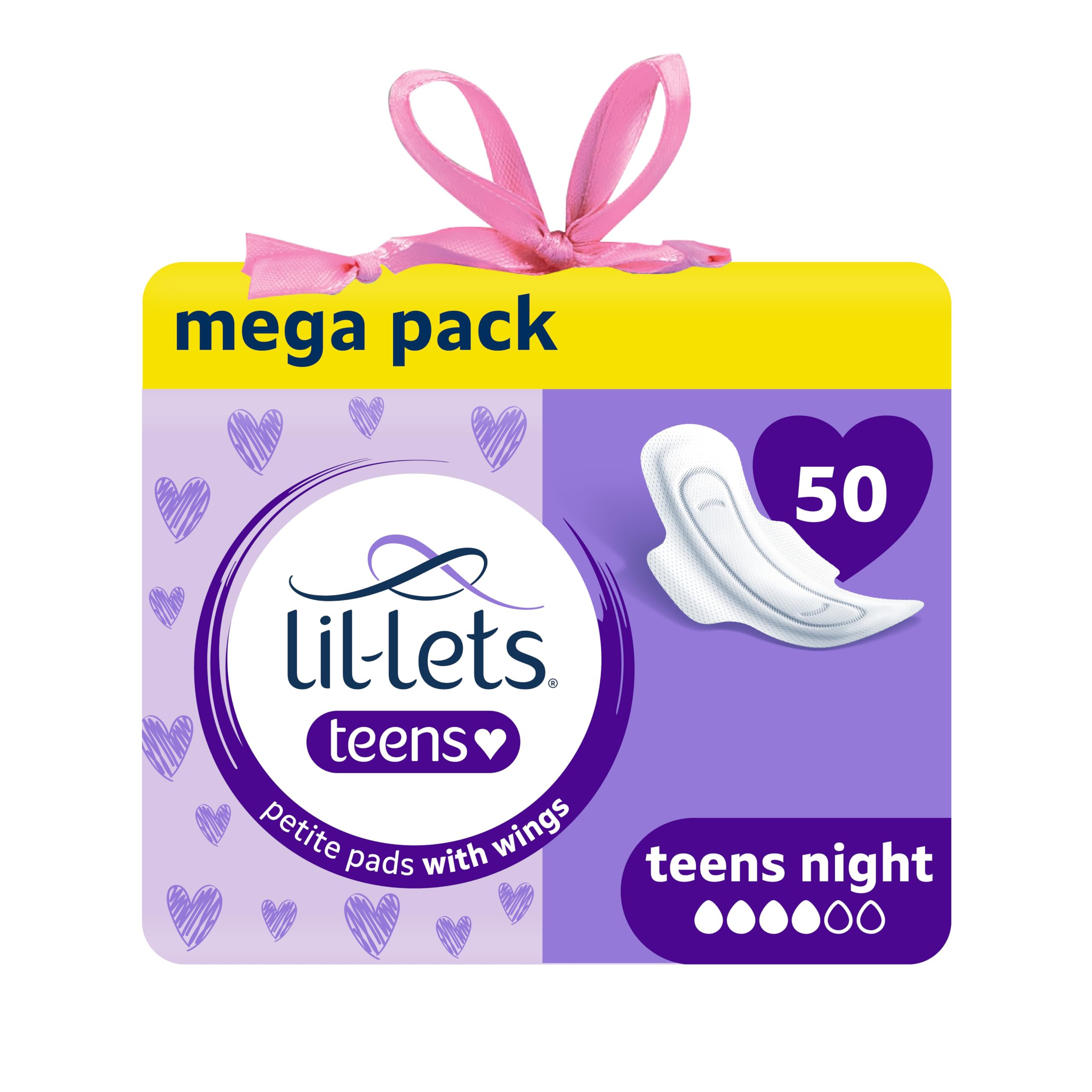 Lil-Lets Teens Night Pads X 50, Petite Towels for Girls & Teenagers, with Wings, for Heavy Flow, Unscented, Soft & Breathable, First Period Sanitary Towels, 5 Packs of 10 Pads - Bulk Pack