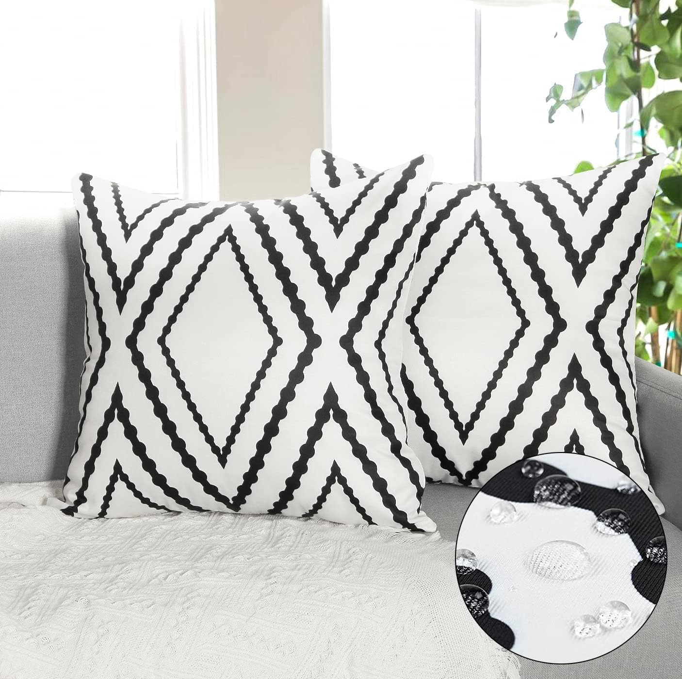 Dremisland Outdoor Water Resistant Throw Pillow Covers Set of 2 Black and White Geometric Pillowcases Boho Farmhouse Aztec Cushion Covers Decorative Garden Square Cushions for Home Bed Patio Couch