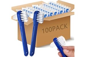 Medanera 100 Pcs Denture Brush Bulk Small Hard Bristle Dual Head Individually Wrapped Brushes Blue Portable Toothbrushes for 