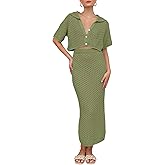 Saodimallsu Women Crochet Beach Cover Up Set Knit Crop Button Short Sleeve Collar Top Bodycon Long Skirt 2 Piece Outfits