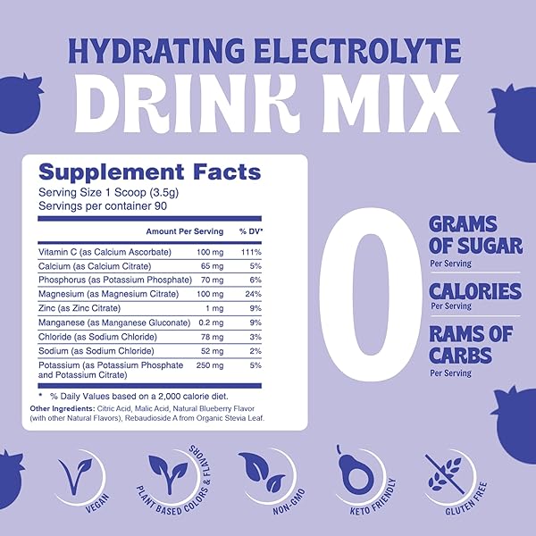 BLUEBERRY HYDRATION POWDER – ZERO SUGAR ELECTROLYTE DRINK MIX | 90 SERVINGS | KETO, VEGAN, GLUTEN-FREE | NATURAL ELECTROLYTES FOR MUSCLE RECOVERY, ENERGY, CRAMP RELIEF | FOR WOMEN, RUNNERS