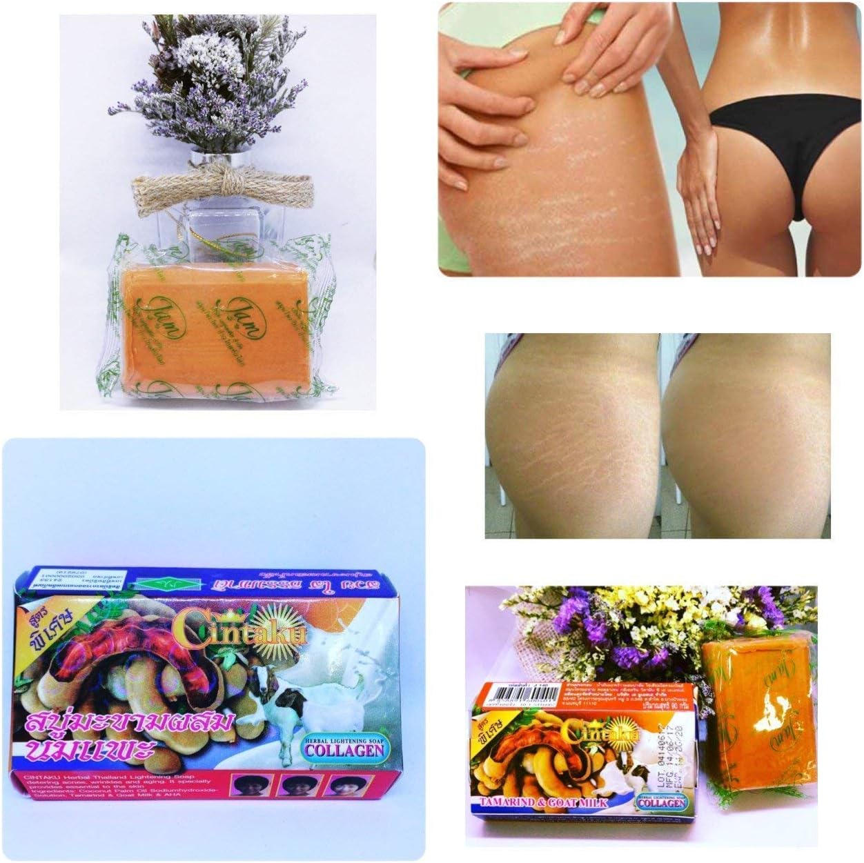 (90G x 4 unit.) CINTAKU THAI HERBALSOAP Clear dark spot soap,rough skin bikini,whitening with collagen White Remove dead skin cells TAMARIND & GOAT MILK COLLAGEN ACNE for Face & Body.