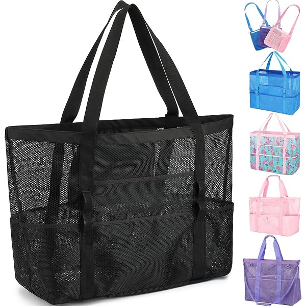 Fammart Mesh Beach Bag for Women — Large Black, showing 8 exterior pockets and zipper compartment