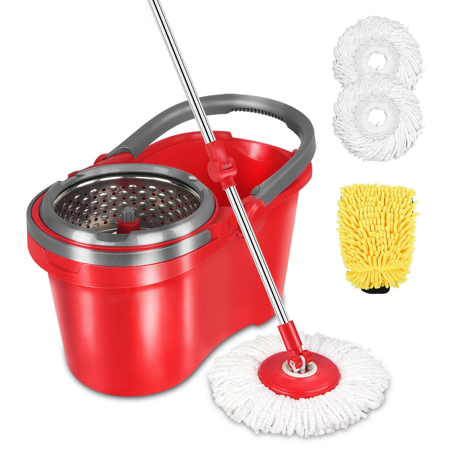 HAPINNEX Spin Mop Wringer Bucket Set - for Home Kitchen Floor Cleaning - Wet/Dry Usage on Hardwood & Tile - Upgraded Self-Balanced Easy Press System with 2 Washable Microfiber Mops Heads