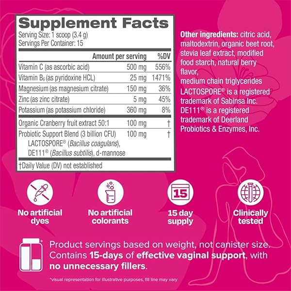 CYSTEX VAGINAL HEALTH POWDER – DAILY ELECTROLYTE-ENHANCED SUPPORT FOR PH BALANCE, YEAST, & ODOR – HYDRATING BERRY FLAVOR – 15 SERVINGS