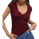 Women Y2K Lace Trim Shirt Tops Fairycore Short Cap Sleeve Solid Color Tee Shirt Summer Outgoing Slim Fit Crop to