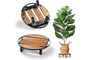 PRAQECZ 2 Pack Plant Caddy with Wheels, 12" Rolling Plant Stand 264 LB Heavy Duty, Iron and Wood Round Plant Dolly with Metal 360° Lockable Caster Wheels for Outdoor Indoor Large Plant Pots, Flower Pot, Patio