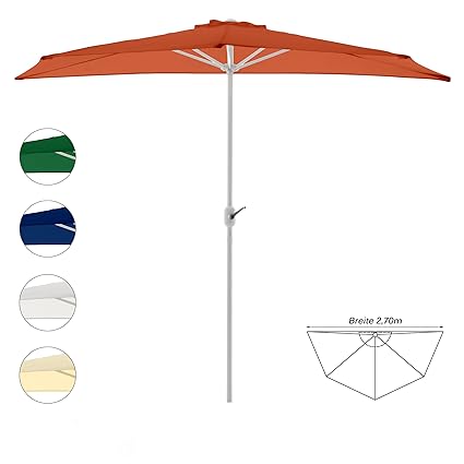 Nexos GM35098 Sonnenschirm Terrakotta halbrund Ø 2,70 x 1,40m Wandschirm Balkon-Schirm mit Kurbel Polyester 160 g/m² Sonnensc
