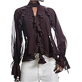 GORGLITTER Women's Ruffle Sheer Mesh Shirts Top Chiffon See Through Long Sleeve Business Casual Going Out Blouse