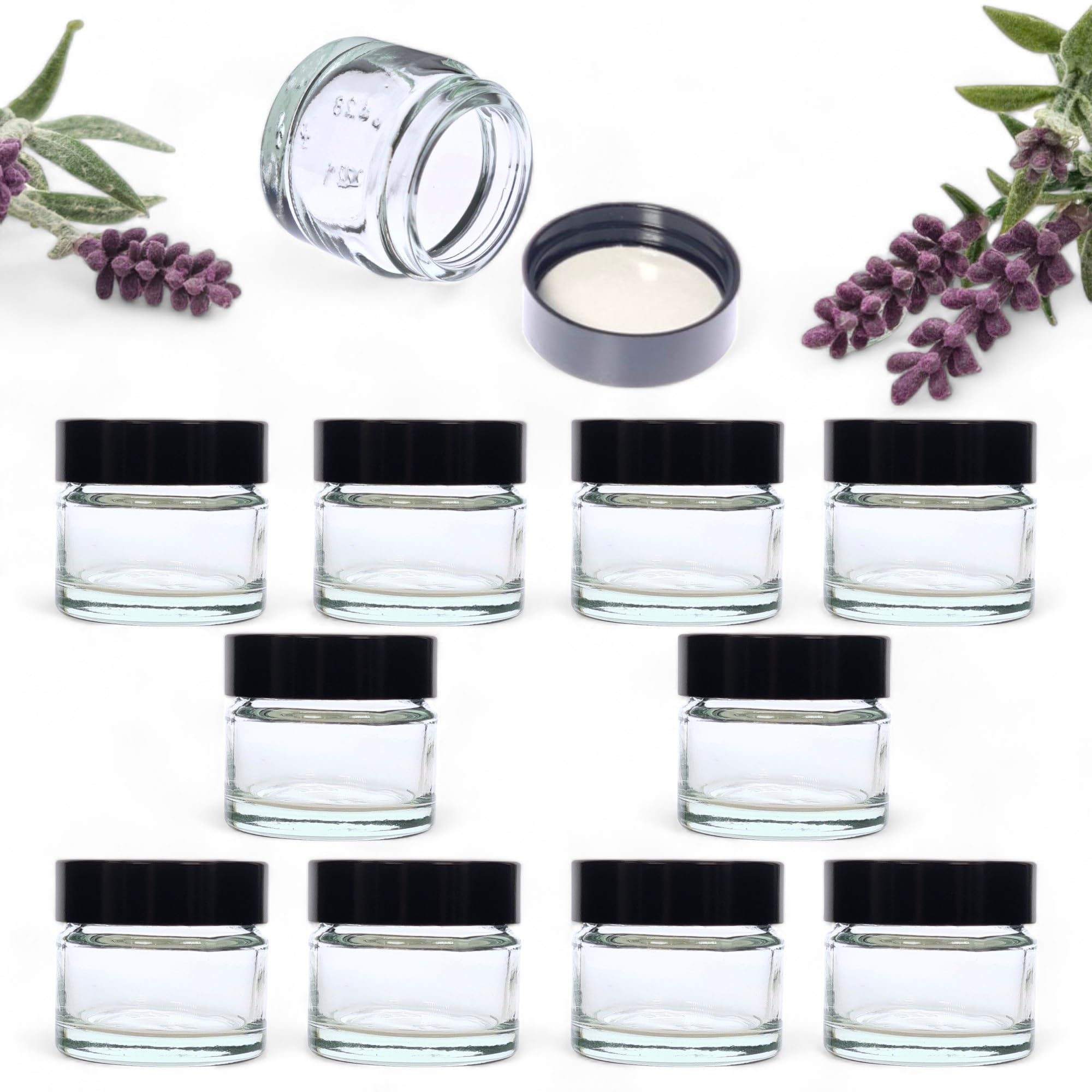 AVALON 10 PACK 15 ml / 0.5 oz Clear Glass Jars with Airtight Black Lids, Empty Refillable Cosmetic Containers, Glass Pot for Storage of Lotions, Face Creams, Ointment and Make Up