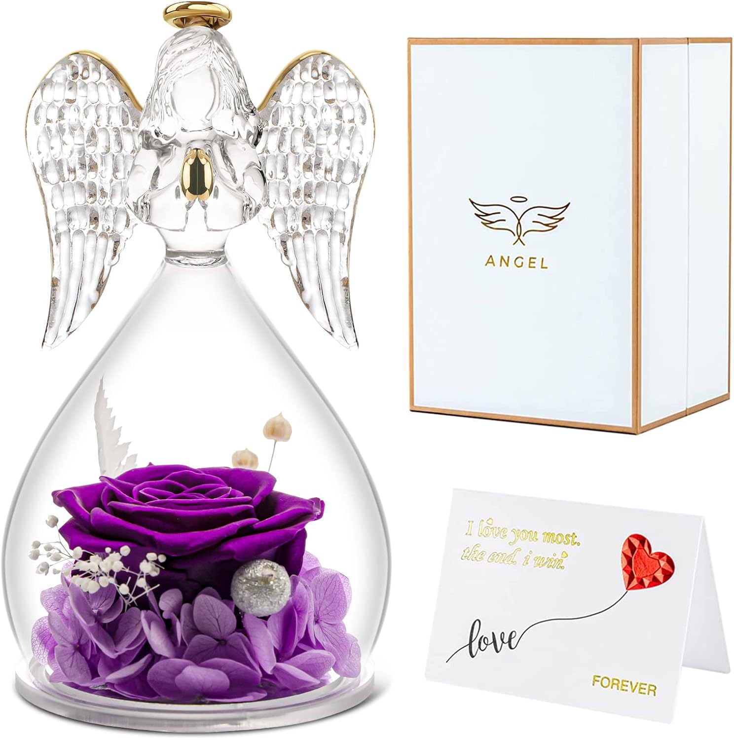 Dried & Preserved Flora - Angels Roses Gifts for Mom Grandma, Handmade Angels Figurines Preserved Real Rose Mom Birthday Gifts, Glass Angel Gifts for Women Wife Mother on Anniversary Mothers Day Valentines Day Christmas