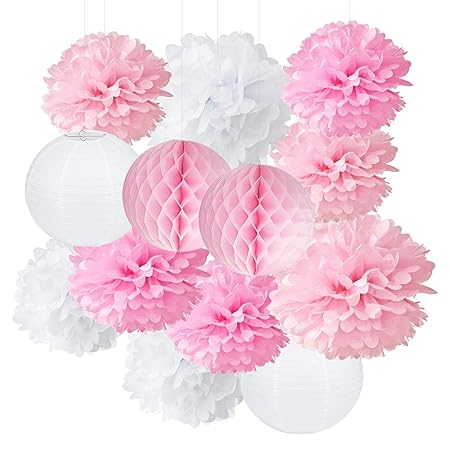 Furuix 13pcs Bianco Rosa Pom Pom Fiore Di Carta Velina Pompon Balls Paper Flower Hanging Pom Feste All Aperto Decorazione Matrimonio Vivaio