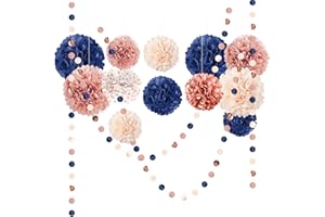 AOBKIAT Rose Gold and Navy Blue Party Decorations Set,Tissue Paper Pom Poms,Paper Garland for Women Engagement Anniversary,30th,40th,50th,60th,Birthday Party Supplies
