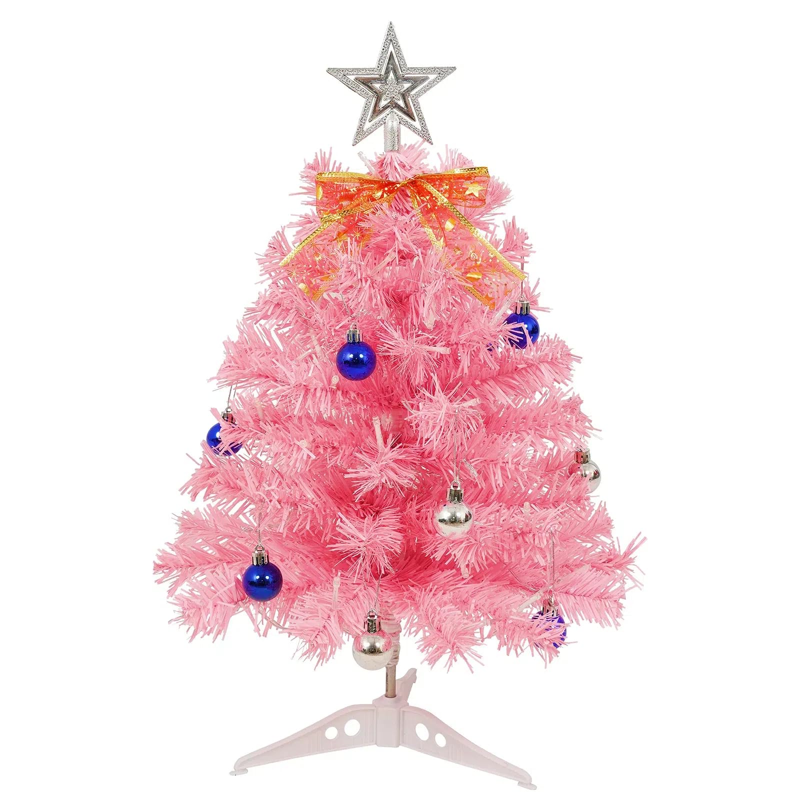 Uten Pink Mini Christmas Tree, 1.8ft/55cm Desktop Small Xmas Tree with 30 LED String Lights, Tree Topper Star Ornaments and Bow, 15 Christmas Balls for Desktop Christmas Decoration