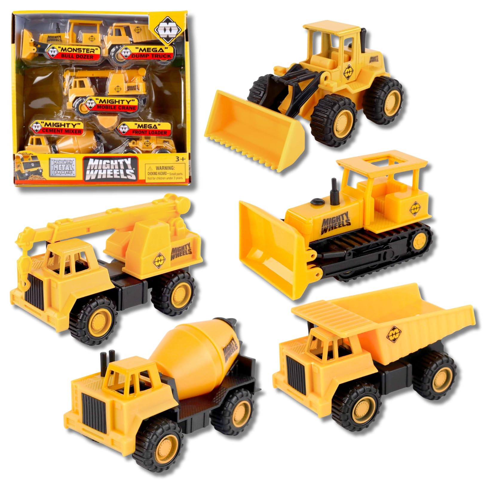 Mighty Wheels 5 Pc Steel Construction Truck Toys Set 3.5" - Includes Dump Truck, Front Loader, Bulldozer, Cement Mixer, Crane - Steel and Plastic Construction Toys for 3+ Year Old Boys and Girls