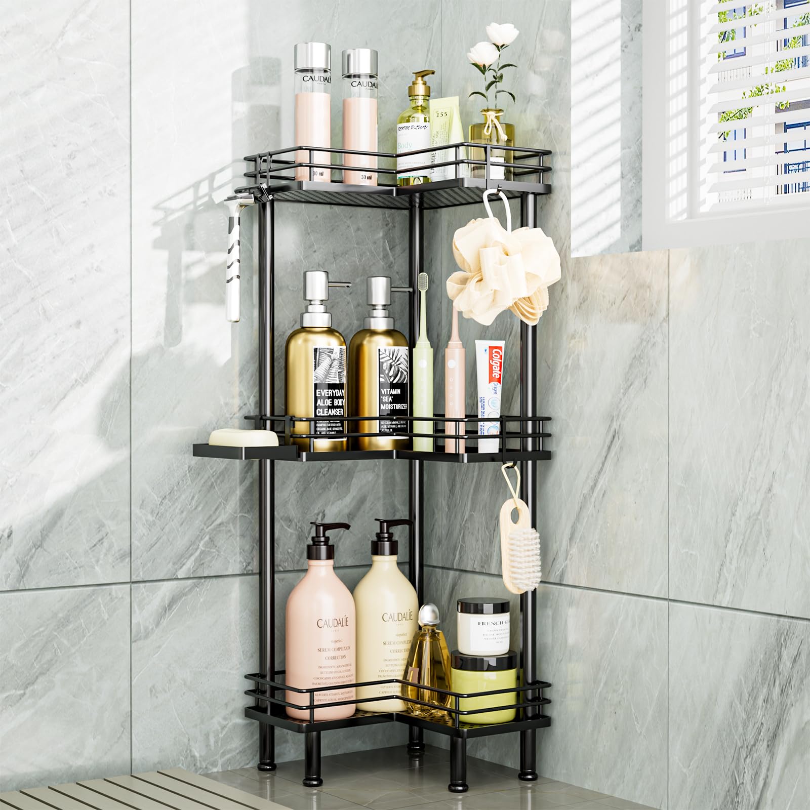 Photo 1 of Consumest Corner Shower Caddy Standing - 3-Tier Stainless Steel Shower Organizer with Soap Holder and 4 Hooks, Large Capacity Corner Shelf Stand for Bathroom, Rest Room, Black