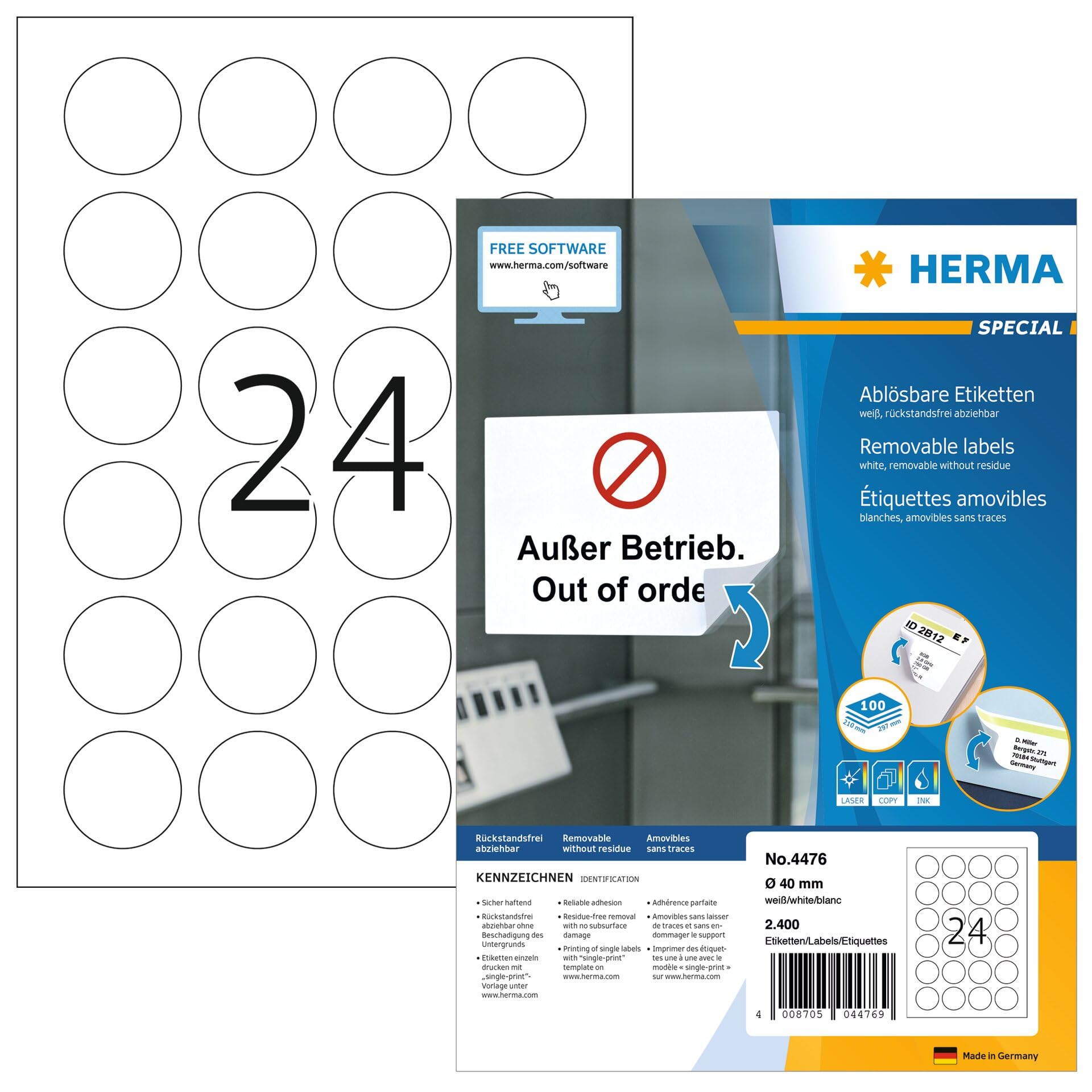 HERMA Self Adhesive Removable Round Labels, 24 Labels per A4 Sheet, 100 Sheets, Ø 40 mm, 2400 Labels, Blank Multipurpose Labels Stickers, Sticky Dots for Laser & Inkjet Printer, White
