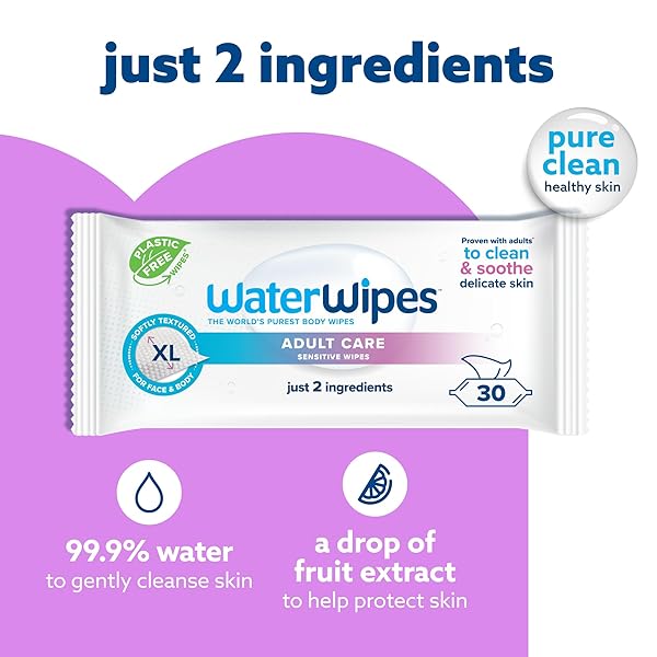 WATERWIPES SENSITIVE WHOLE BODY CLEANSING WIPES, 99.9% PURIFIED WATER, XL TEXTURED WIPES, INCONTINENCE CARE, FRAGRANCE FREE, 90 COUNT