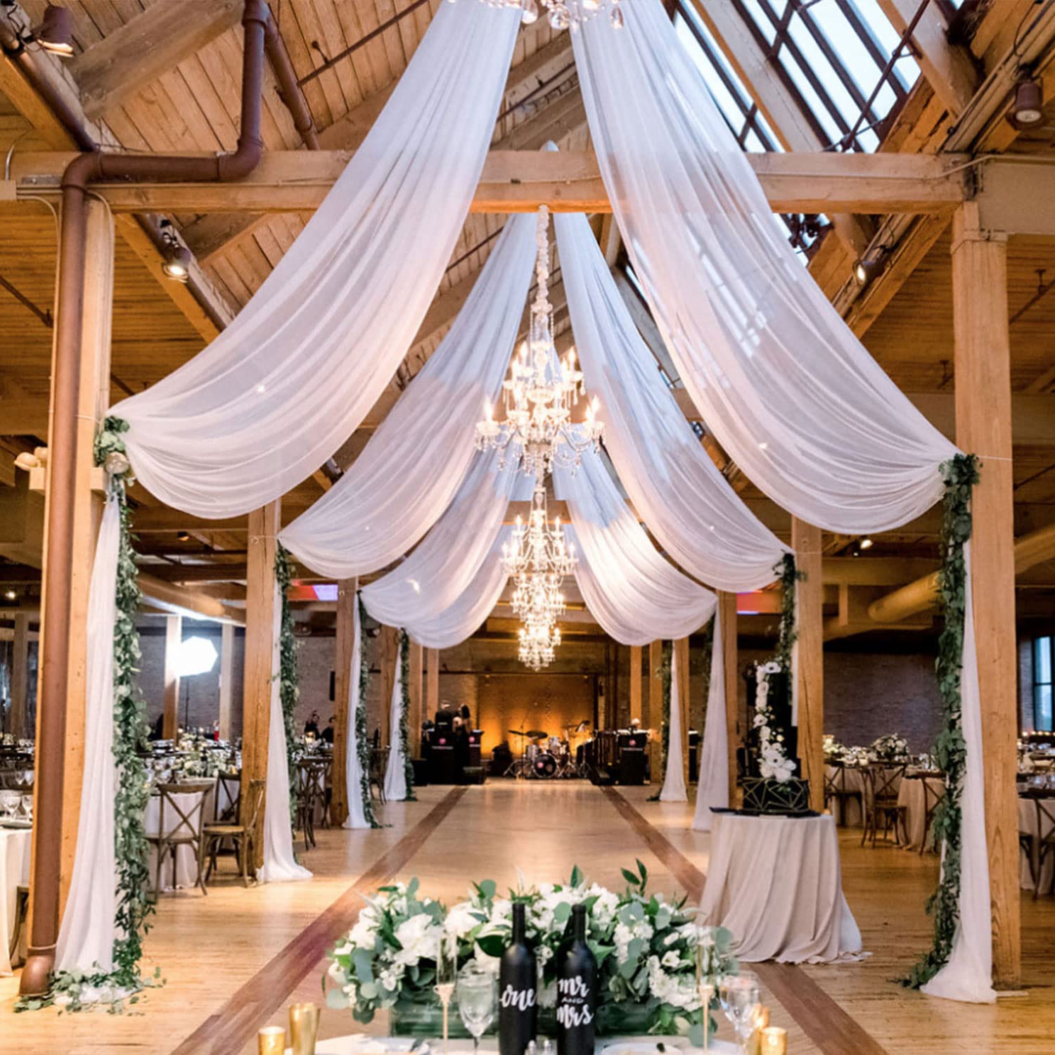 Photo 1 of MODFUNS Ceiling Drapes for Weddings White Sheer Ceiling Draping 5x30ft 2 Panels Chiffon Ceiling Curtain Wedding Arch Draping Fabric Tulle Ceiling Drapery for Ceremony Arbor Party Stage Decoration