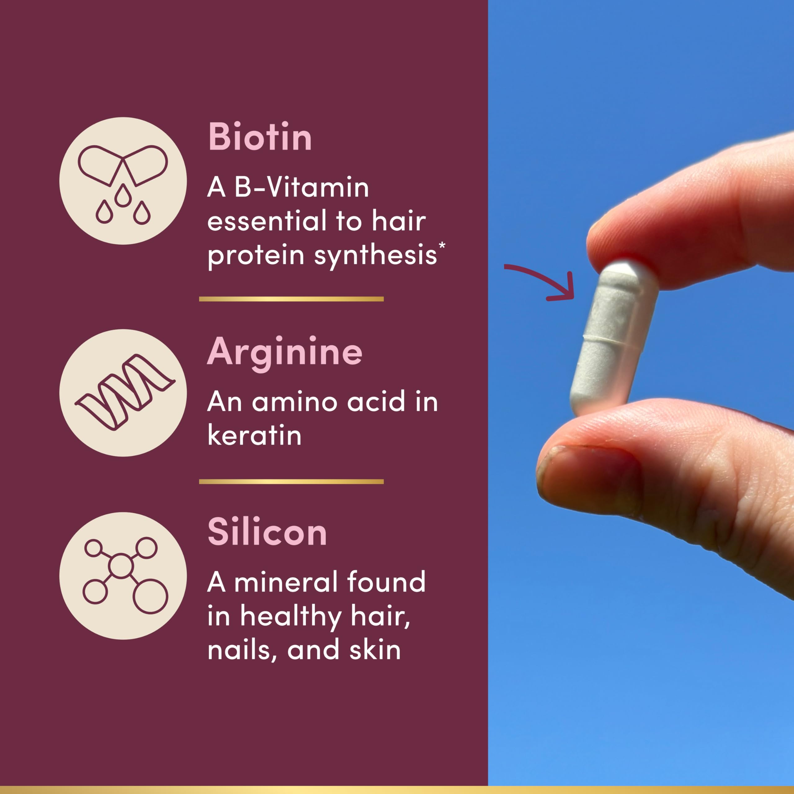 Nature's Bounty Optimal Solutions Hair Growth Supplement with Biotin, Hair Growth Vitamins with Biotin Silicon & Arginine, 1 Per Day, 30 Capsules, One Month Supply