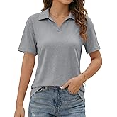 Imily Bela Womens Short Sleeve Polo T Shirts Summer Business Dressy Casual Tops Work Collared V Neck Basic Tees