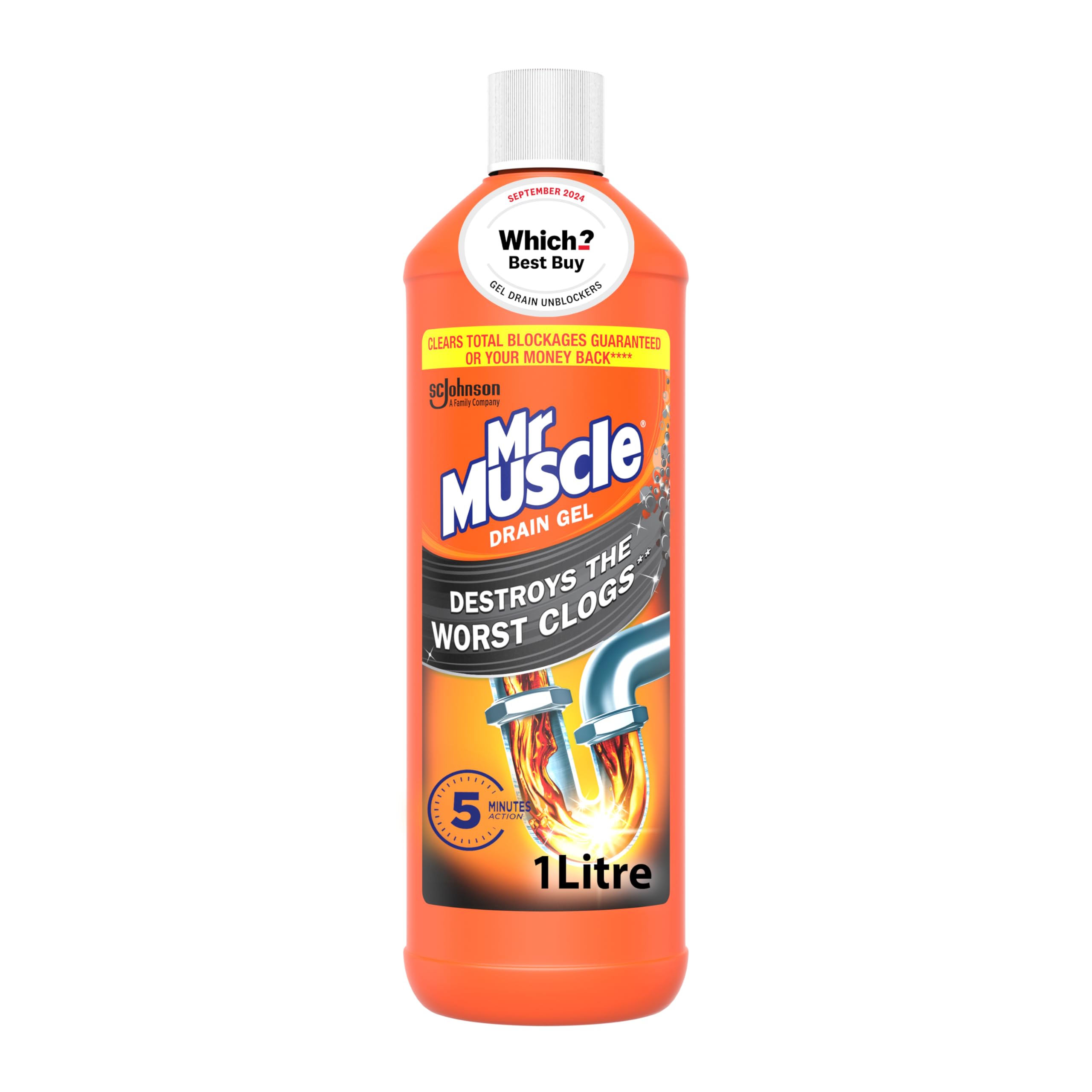 Mr Muscle Drain Unblocker, Sink & Drain Cleaner (1L) Fast Acting Heavy Duty Drain Gel, Dissolves Clogs, Works 3x Better Than Bleach, Safe for All Pipes