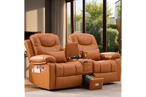 ZRNINR Manual Loveseat Recliner Sofa with Center Console, Home Theater Seating Seats, Dual Movie RV Reclining Sofa Couch with Lumbar Pillows and Cup Holders(Orange, PU Leather)
