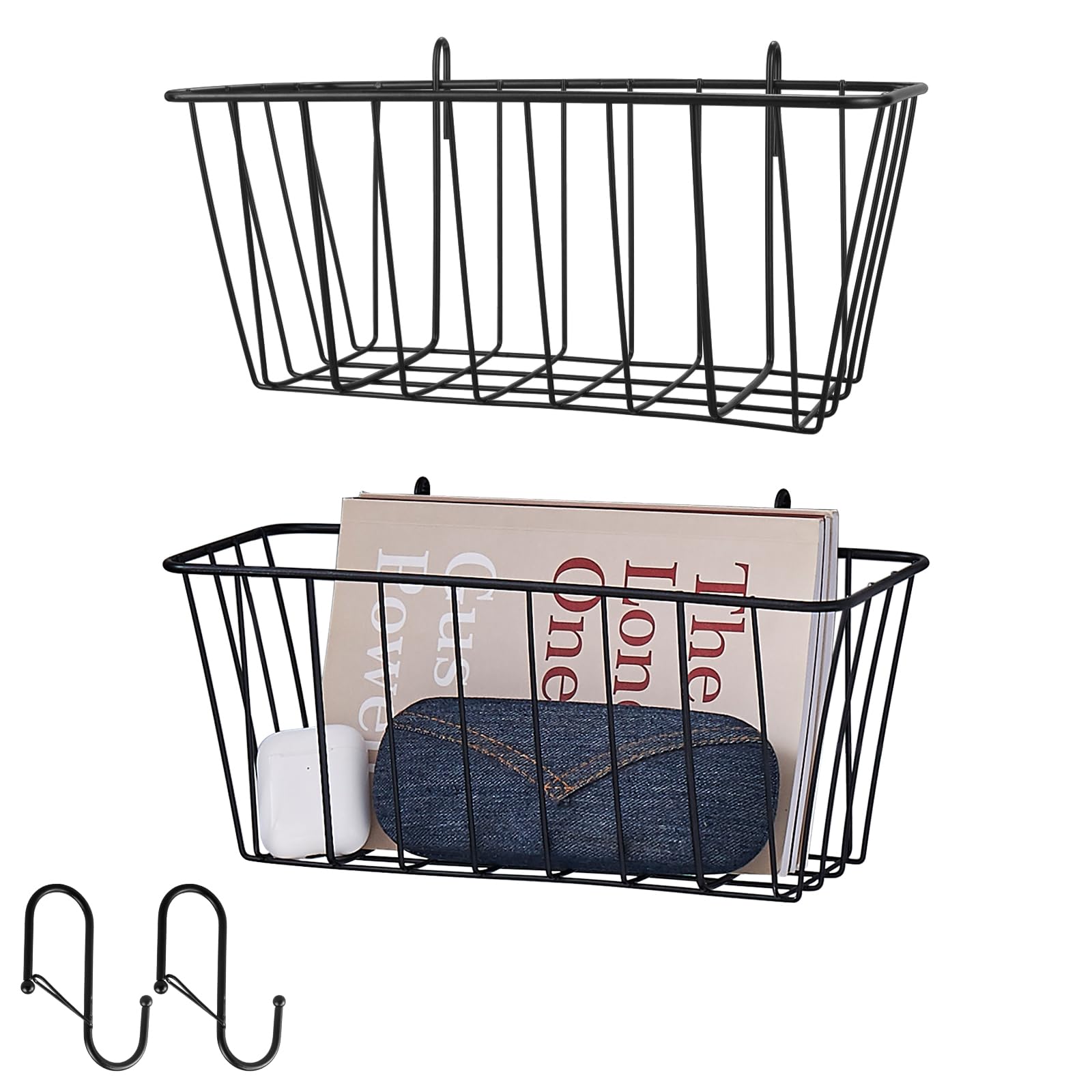 Photo 1 of 2 Pack Large Grid Wall Baskets with S-Hook - Gridwall Accessories Set Black Metal Hanging Shelf Basket Bins Organizer - Modular Storage Holders for Photo Display Panel Shelving Caddy for Garage