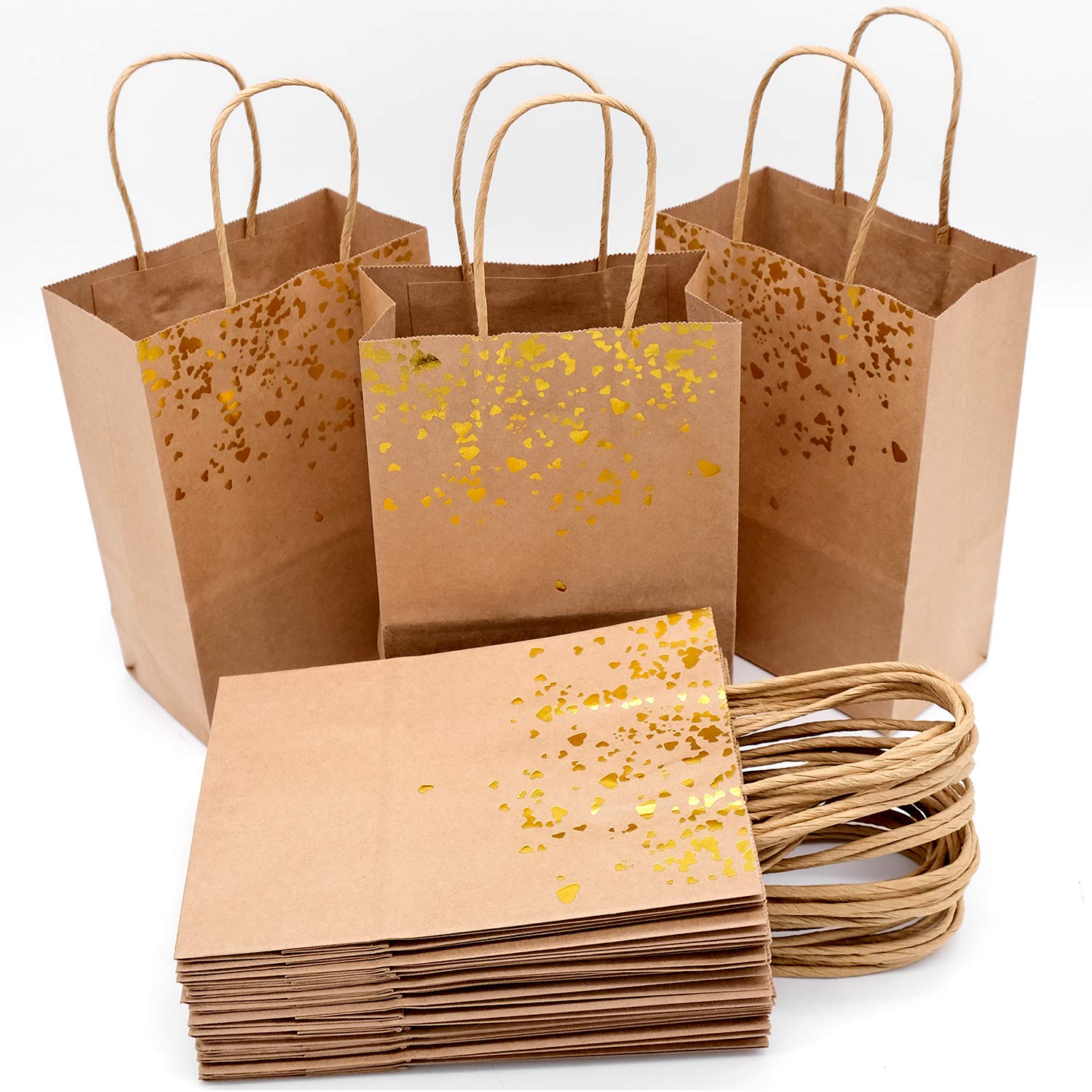 JJQHYC 18 Pcs Gift Bags with Handles Kraft Paper Bags Small Birthday Bag Brown Party Favor Bags with Gold Foil Hearts ​Decoration